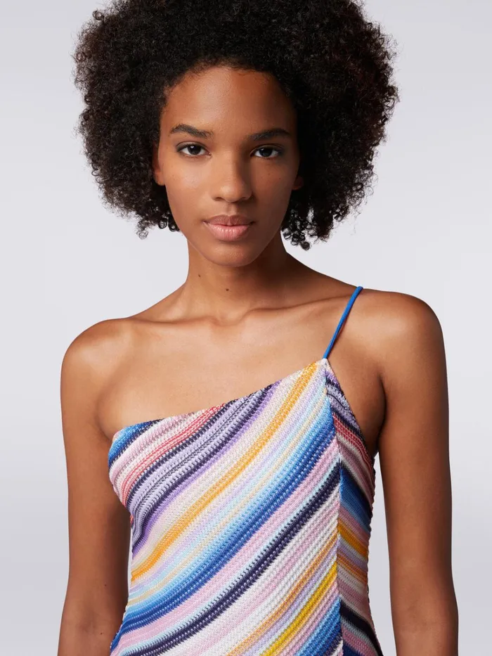 Women OneShoulder OnePiece Swimming Costume In Striped Crochet Multicoloured Missoni Swimsuits