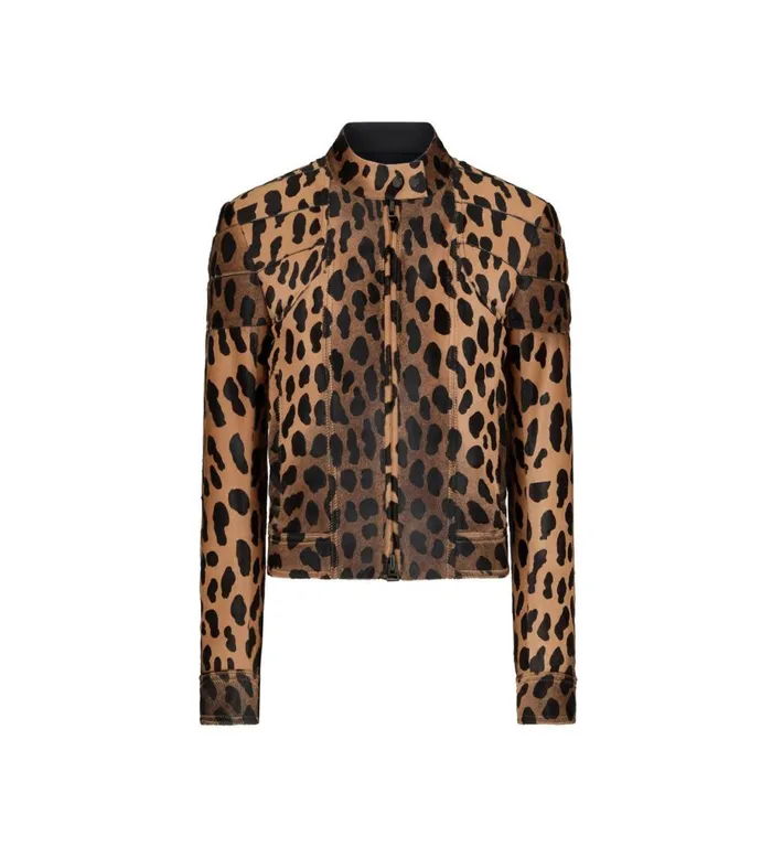 Women Outerwear Tom Ford Leopard Printed Calf Hair Biker Jacket Black Beige