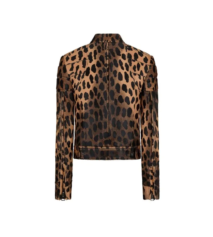 Women Outerwear Tom Ford Leopard Printed Calf Hair Biker Jacket Black Beige Women Outerwear Tom Ford Leopard Printed Calf Hair Biker Jacket Black Beige