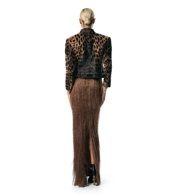 Women Outerwear Tom Ford Leopard Printed Calf Hair Biker Jacket Black Beige Women Outerwear Tom Ford Leopard Printed Calf Hair Biker Jacket Black Beige