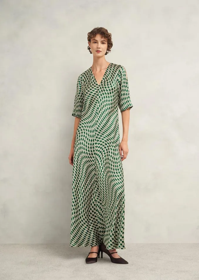Women Parcevall Silk Dress Green Cream Hobbs Dresses and Jumpsuits
