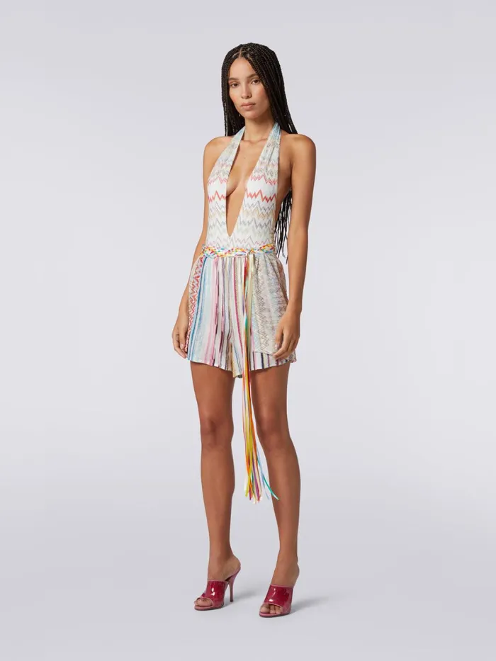 Women Patchwork Cover Up Shorts With Braided Belt Multicoloured Lam Patchwork Missoni Beachwear