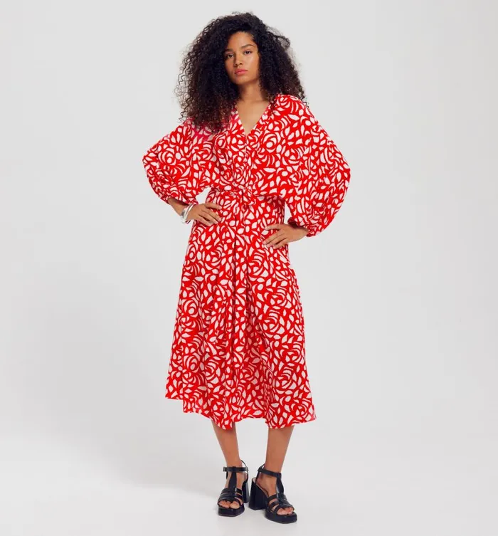 Women PuffSleeved Dress 8211 Red Print Promod Dresses