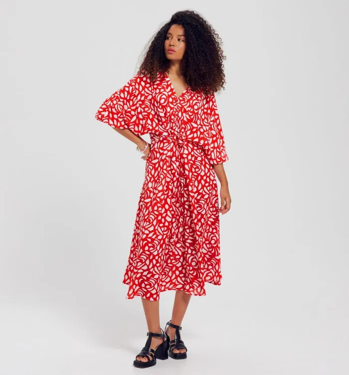 Women PuffSleeved Dress 8211 Red Print Promod Dresses