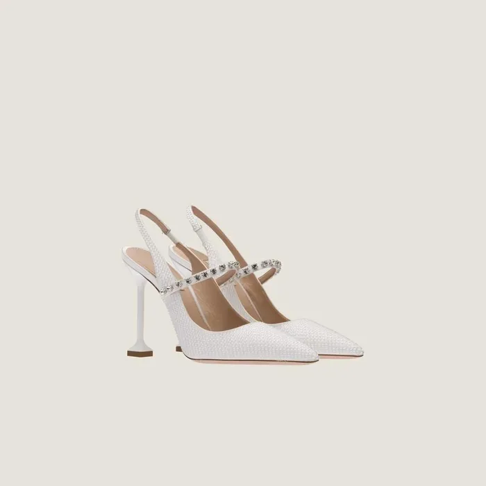 Women Pumps Miu Miu Satin Slingback Pumps With Crystals White