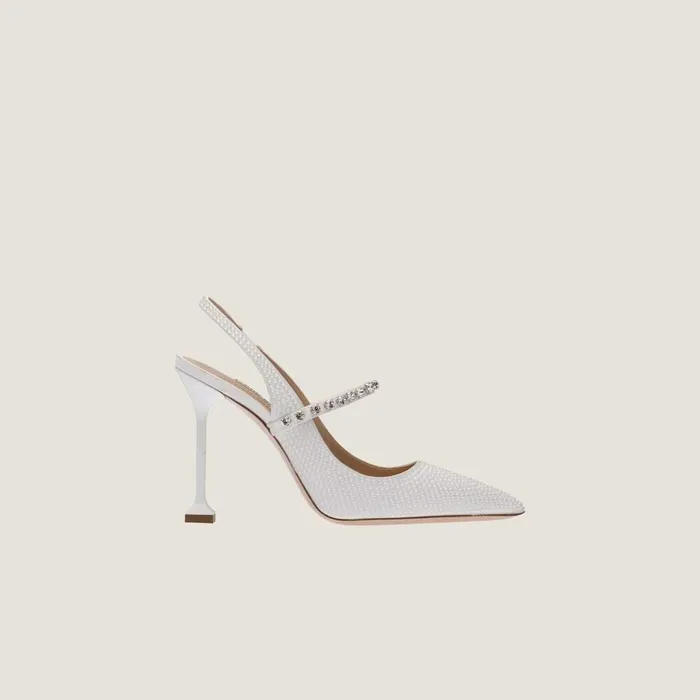 Women Pumps Miu Miu Satin Slingback Pumps With Crystals White