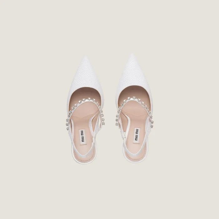 Women Pumps Miu Miu Satin Slingback Pumps With Crystals White