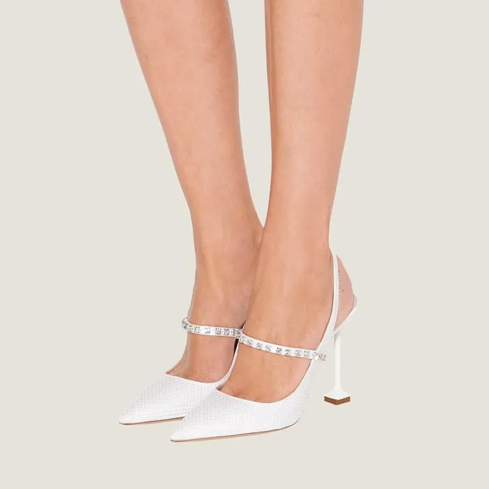 Women Pumps Miu Miu Satin Slingback Pumps With Crystals White