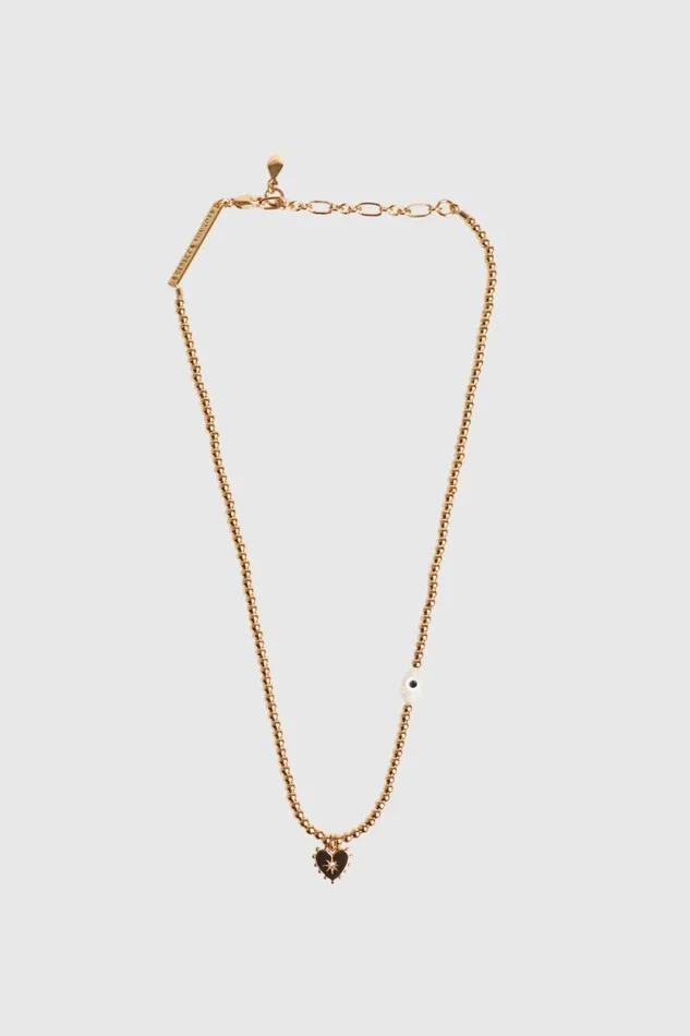 Women Rebecca Minkoff Jewelry Gold Beaded Necklace With Studded Heart and Evil Eye