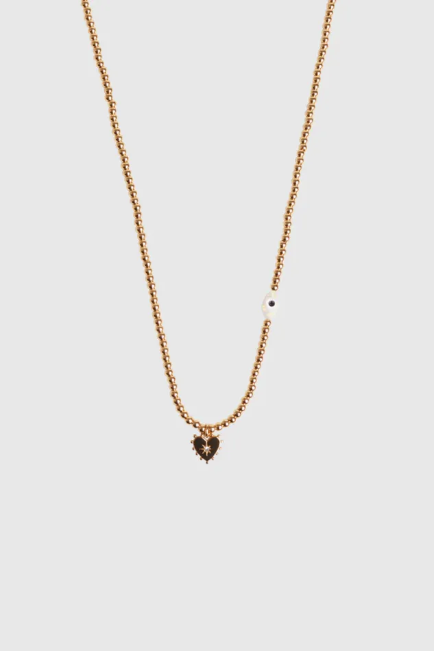 Women Rebecca Minkoff Jewelry Gold Beaded Necklace With Studded Heart and Evil Eye Women Rebecca Minkoff Jewelry Gold Beaded Necklace With Studded Heart and Evil Eye
