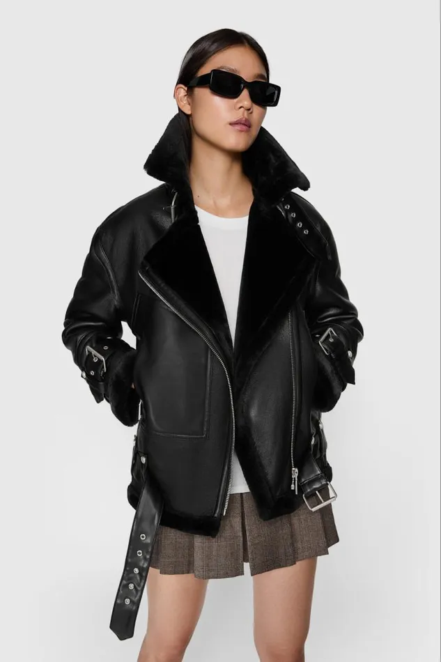 Women Rebecca Minkoff Outerwear Vegan Shearling Oversized Moto Jacket Black