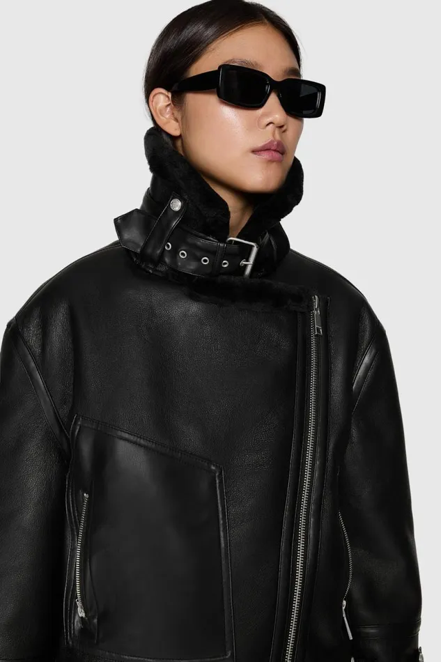 Women Rebecca Minkoff Outerwear Vegan Shearling Oversized Moto Jacket Black