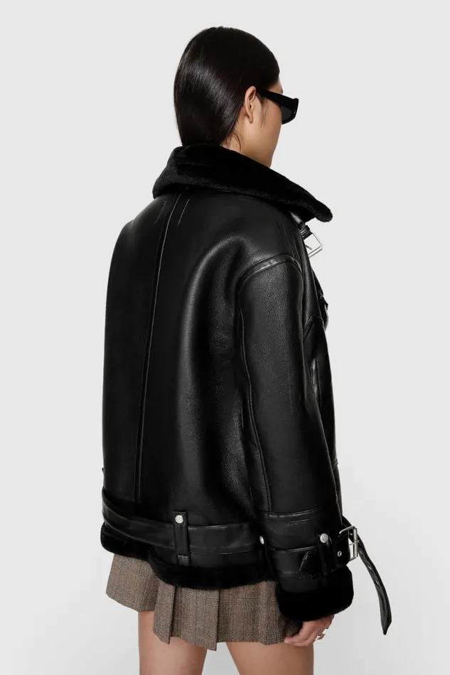 Women Rebecca Minkoff Outerwear Vegan Shearling Oversized Moto Jacket Black
