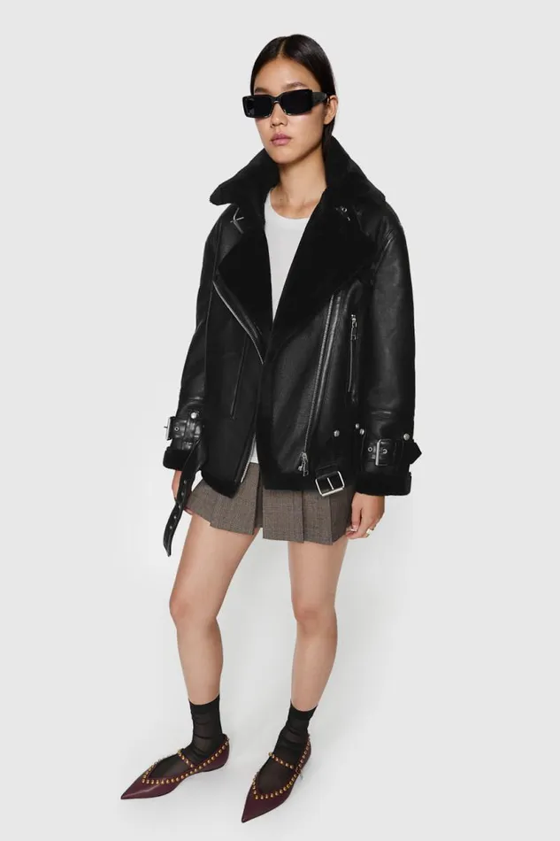 Women Rebecca Minkoff Outerwear Vegan Shearling Oversized Moto Jacket Black