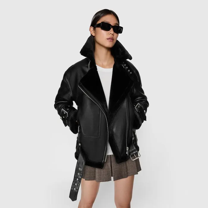 Women Rebecca Minkoff Outerwear Vegan Shearling Oversized Moto Jacket Black