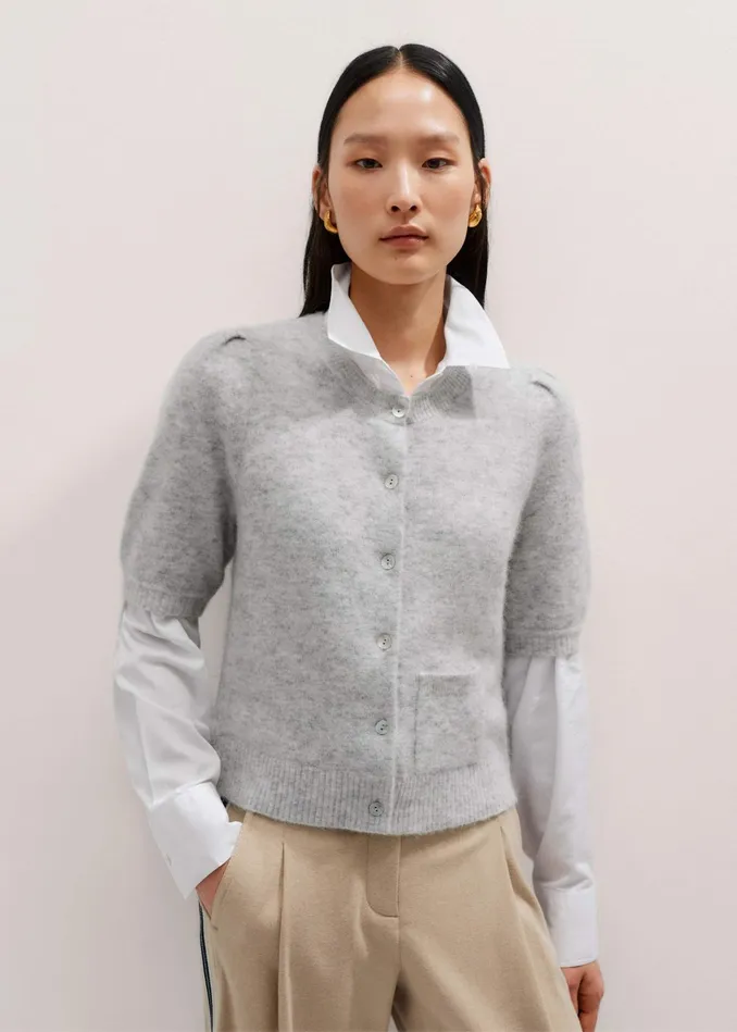 Women Responsible Alpaca Pouf Sleeve Cardi Tee Silver Grey Mlange MEEM