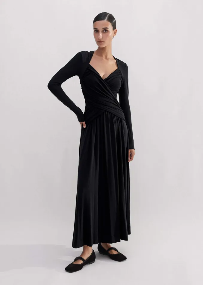 Women Ruched Panel Maxi Dress Black MEEM