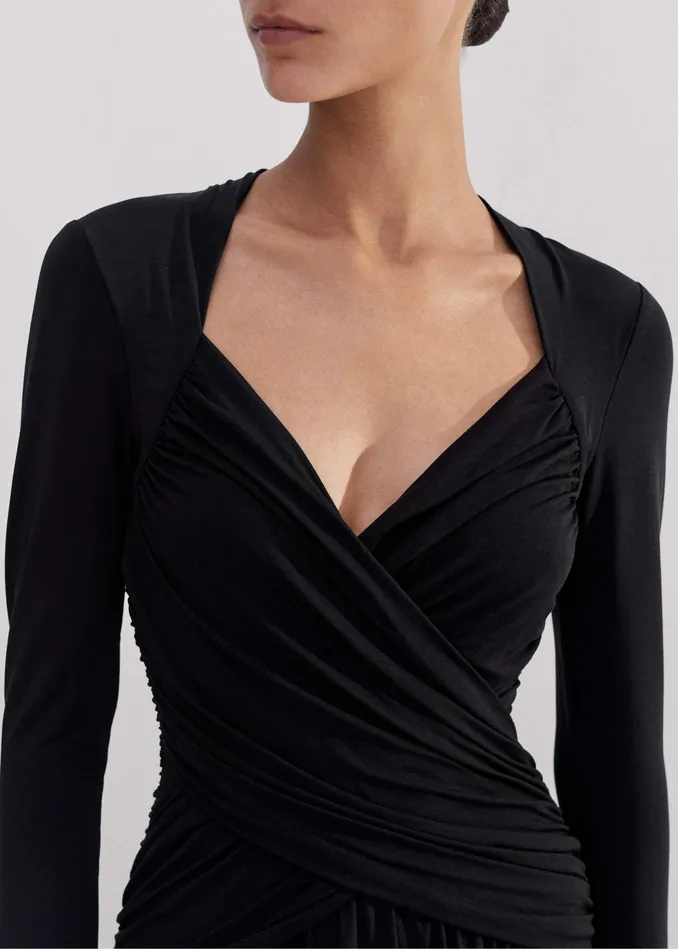 Women Ruched Panel Maxi Dress Black MEEM