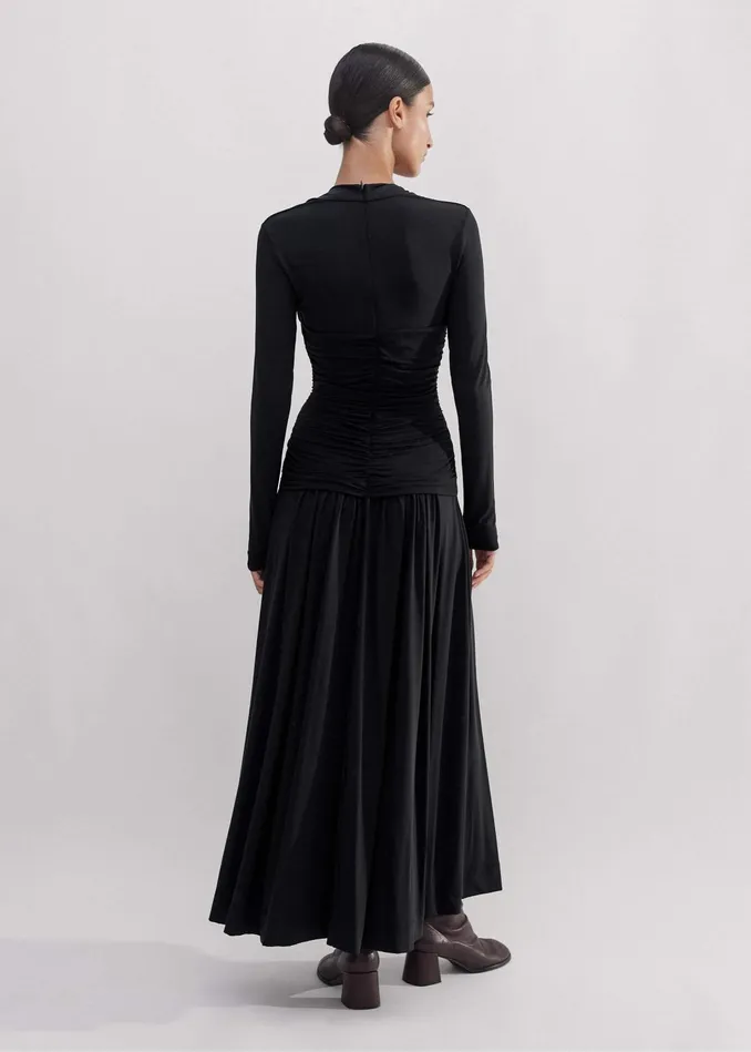 Women Ruched Panel Maxi Dress Black MEEM