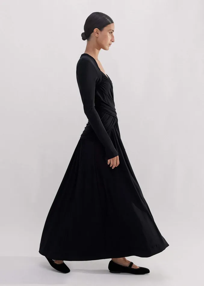 Women Ruched Panel Maxi Dress Black MEEM