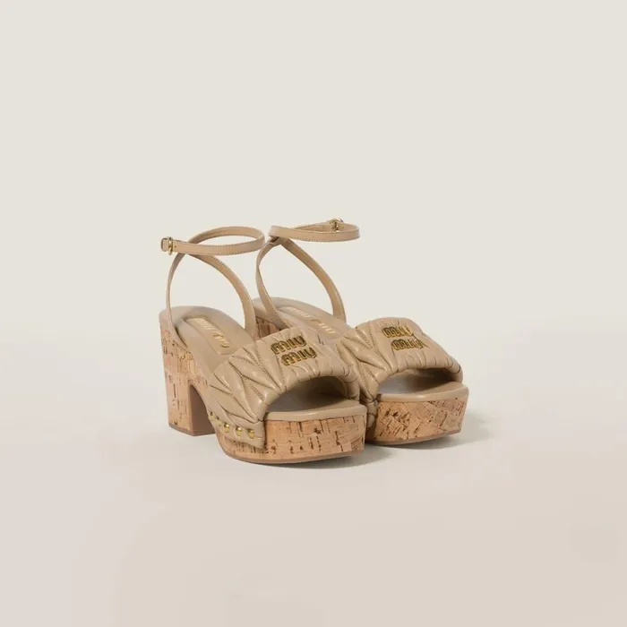 Women Sandals Miu Miu Matelass Nappa Leather Cork Heel Sandals Sand Beige