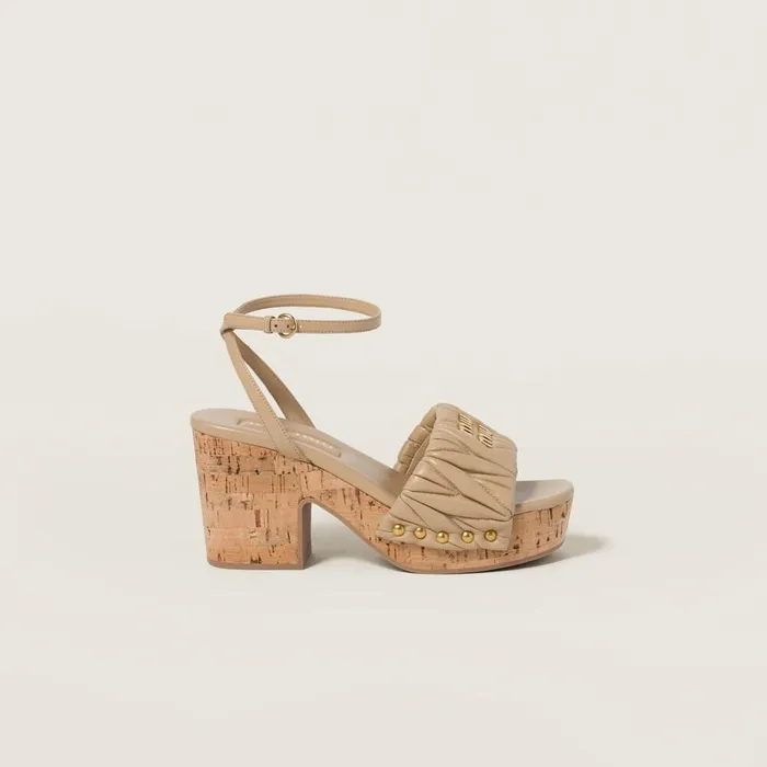 Women Sandals Miu Miu Matelass Nappa Leather Cork Heel Sandals Sand Beige Women Sandals Miu Miu Matelass Nappa Leather Cork Heel Sandals Sand Beige