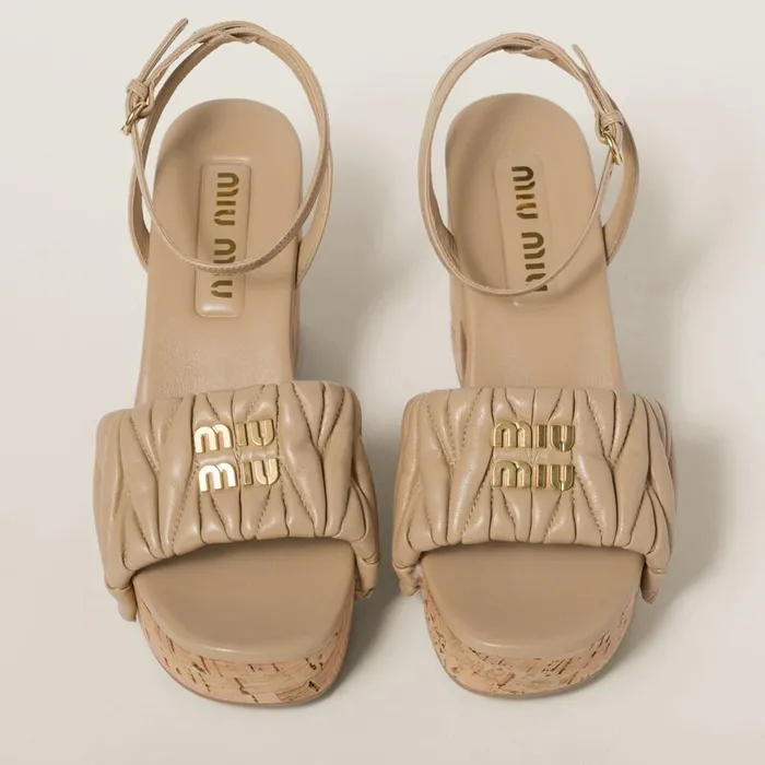 Women Sandals Miu Miu Matelass Nappa Leather Cork Heel Sandals Sand Beige Women Sandals Miu Miu Matelass Nappa Leather Cork Heel Sandals Sand Beige