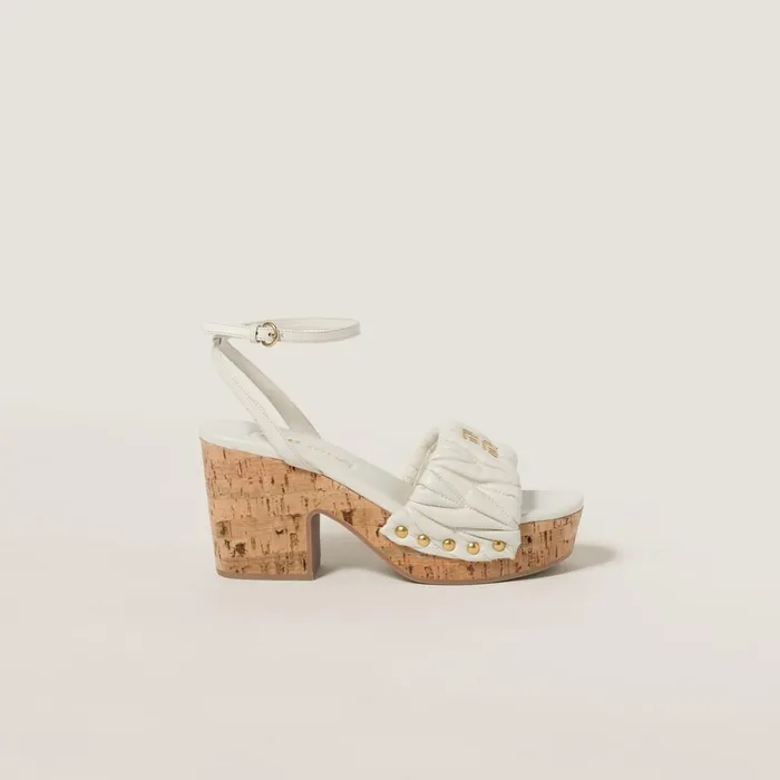 Women Sandals Miu Miu Matelass Nappa Leather Cork Heel Sandals White Women Sandals Miu Miu Matelass Nappa Leather Cork Heel Sandals White