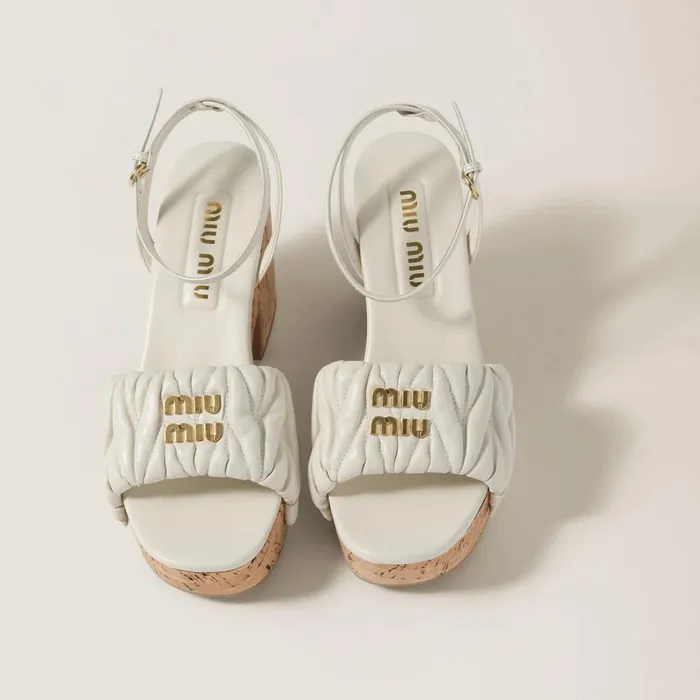 Women Sandals Miu Miu Matelass Nappa Leather Cork Heel Sandals White Women Sandals Miu Miu Matelass Nappa Leather Cork Heel Sandals White