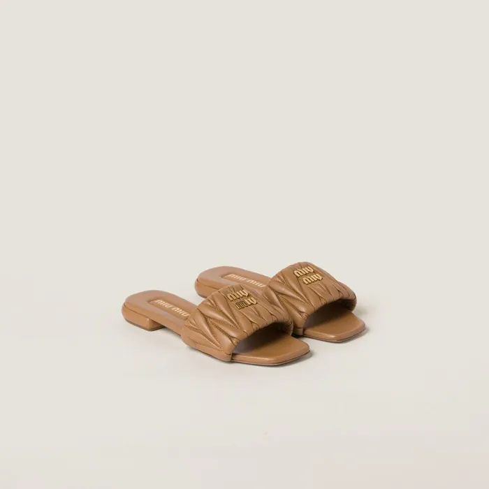Women Sandals Miu Miu Matelass Nappa Leather Slides Caramel