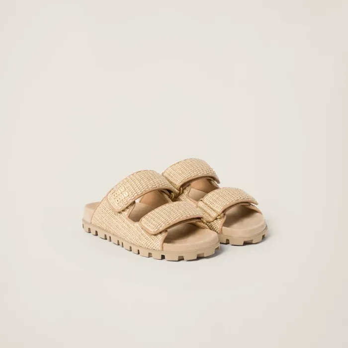 Women Sandals Miu Miu Raffiaeffect Woven Fabric Slides Natural