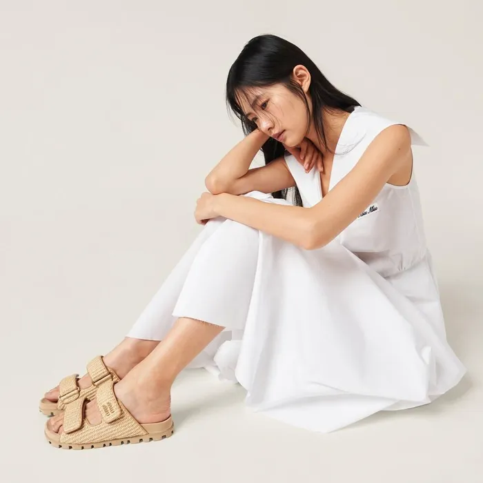 Women Sandals Miu Miu Raffiaeffect Woven Fabric Slides Natural Women Sandals Miu Miu Raffiaeffect Woven Fabric Slides Natural