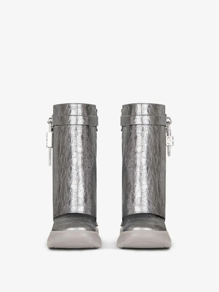 Women Shark Lock Givenchy Shark Lock Biker Ankle Boots In Laminated Leather Silvery Grey