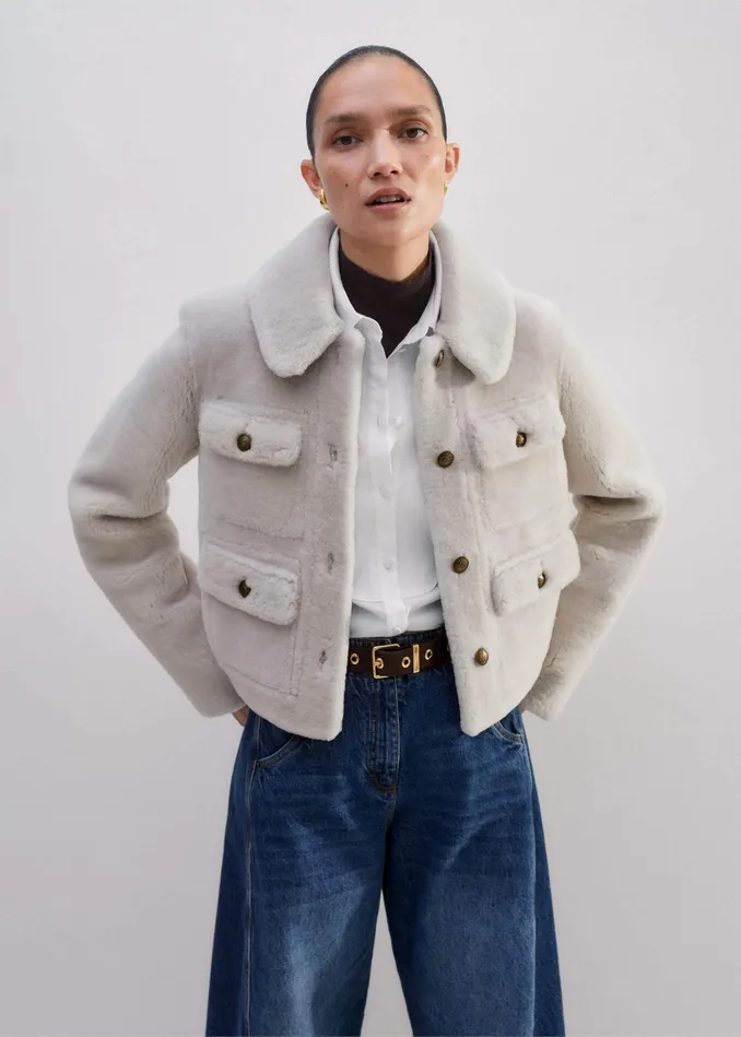 Women Shearling Military Crop Jacket Natural MEEM