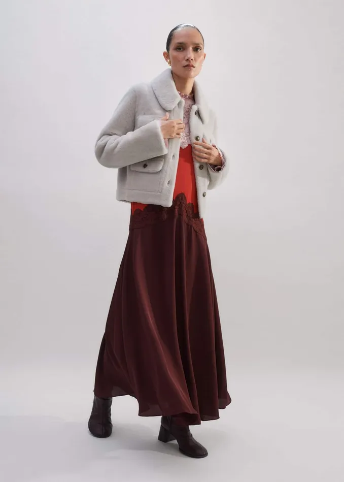 Women Shearling Military Crop Jacket Natural MEEM