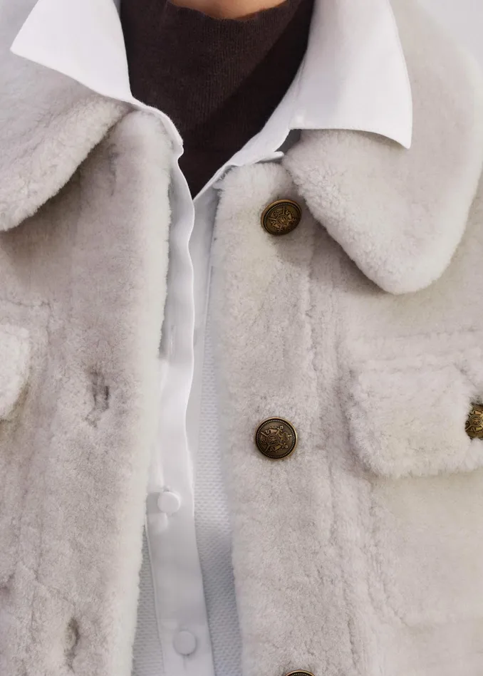 Women Shearling Military Crop Jacket Natural MEEM