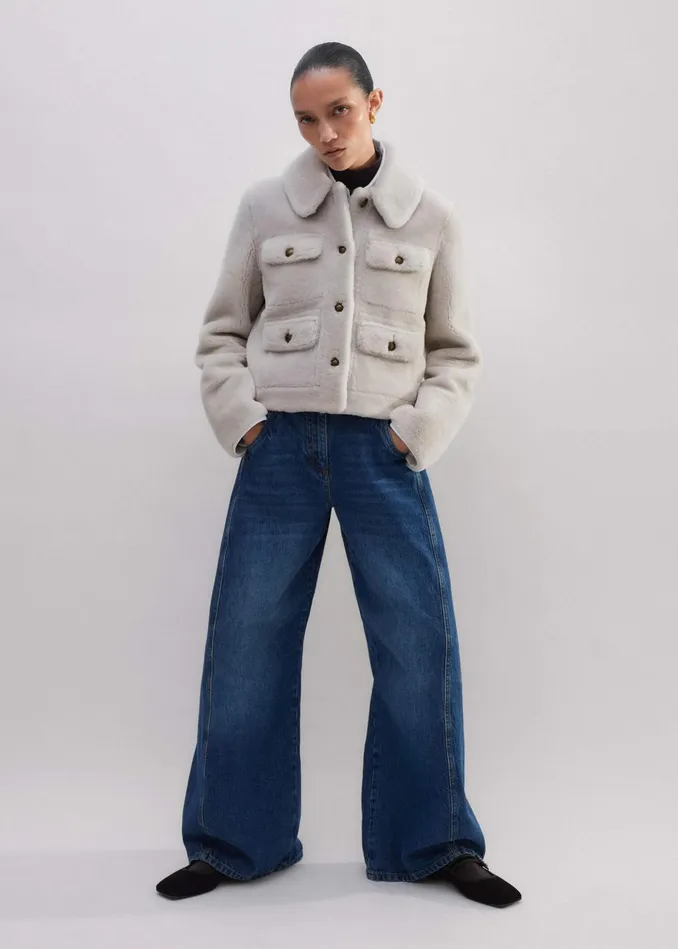 Women Shearling Military Crop Jacket Natural MEEM