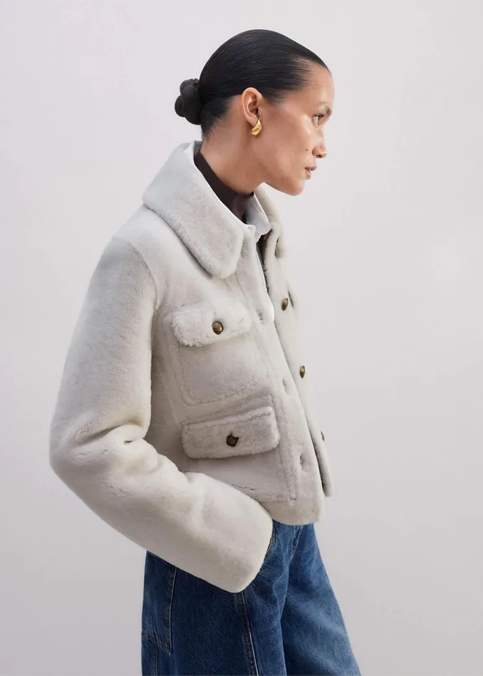 Women Shearling Military Crop Jacket Natural MEEM