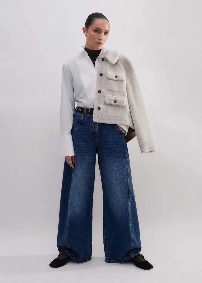 Women Shearling Military Crop Jacket Natural MEEM