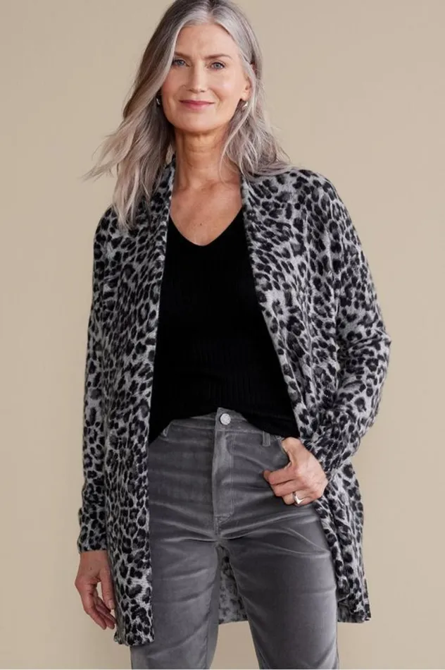 Women Sibyl Cashmere Printed Cardigan Leopard Soft Surroundings Tops