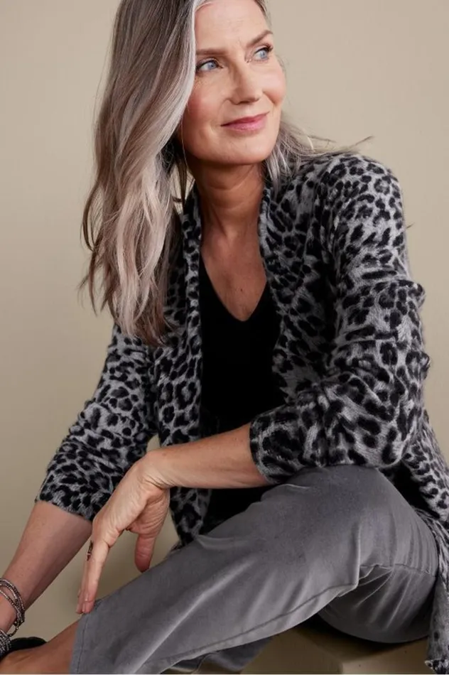Women Sibyl Cashmere Printed Cardigan Leopard Soft Surroundings Tops