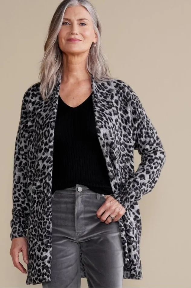 Women Sibyl Cashmere Printed Cardigan Leopard Soft Surroundings Tops