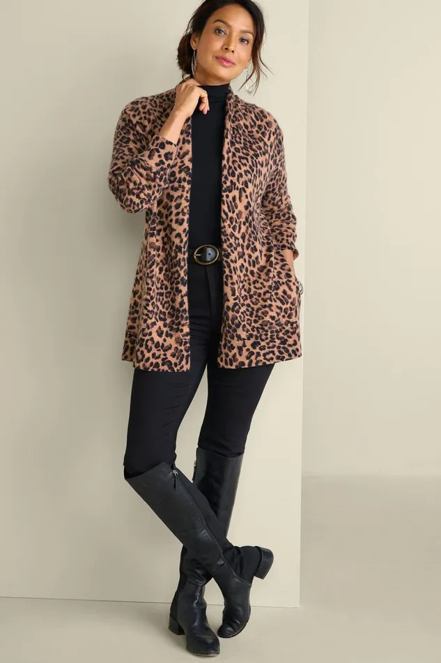 Women Sibyl Cashmere Printed Cardigan Leopard Soft Surroundings Tops
