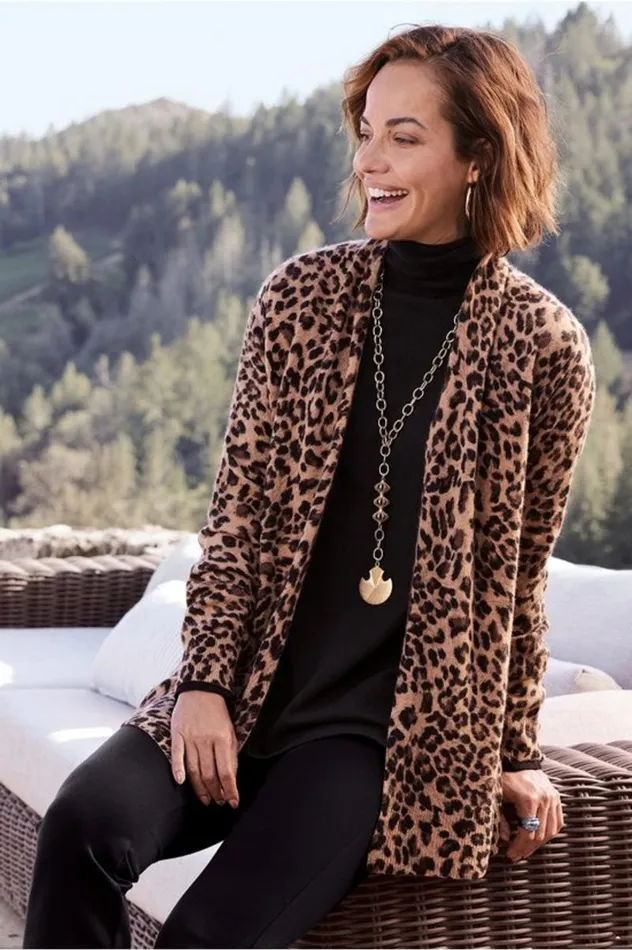 Women Sibyl Cashmere Printed Cardigan Leopard Soft Surroundings Tops