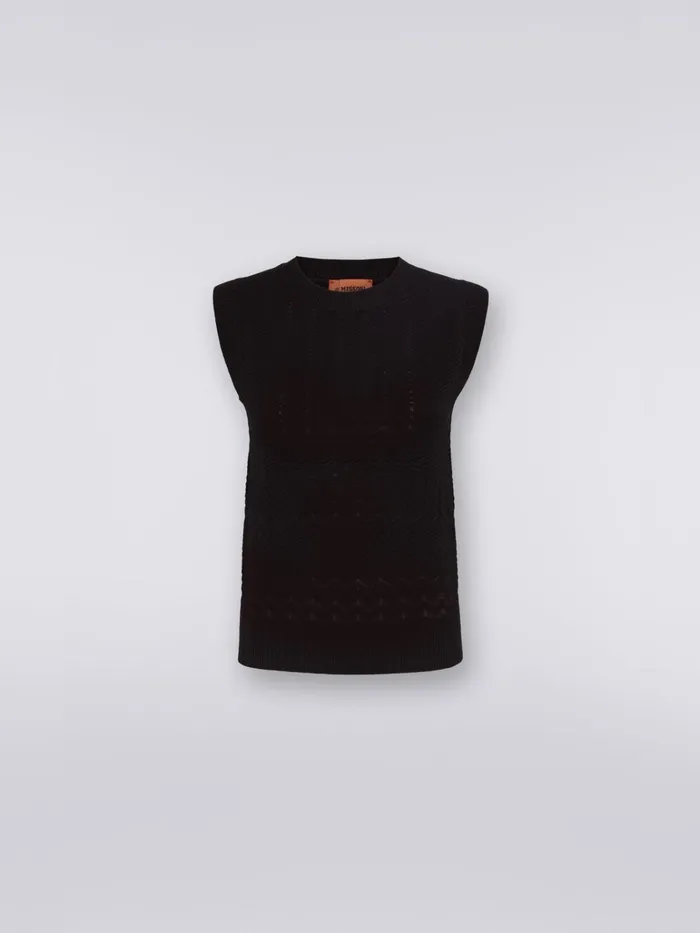 Women Sleeveless Cotton And Viscose Top With ToneOnTone Zigzag Black Missoni Tshirts And Tops