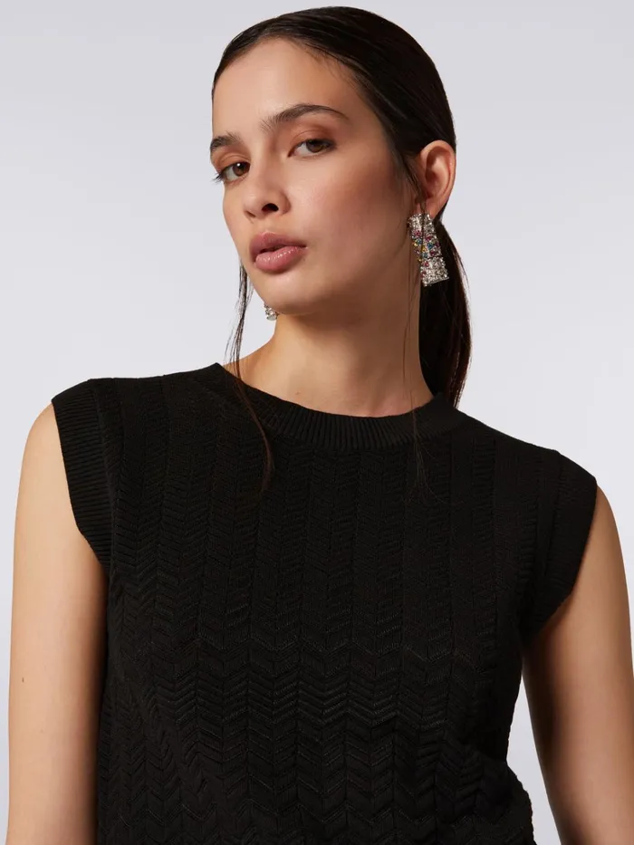 Women Sleeveless Cotton And Viscose Top With ToneOnTone Zigzag Black Missoni Tshirts And Tops
