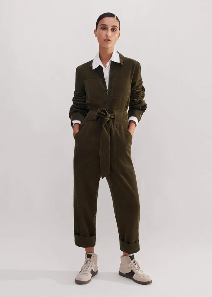 Women Soft Cord Jumpsuit Belt Deep Autumn Olive MEEM