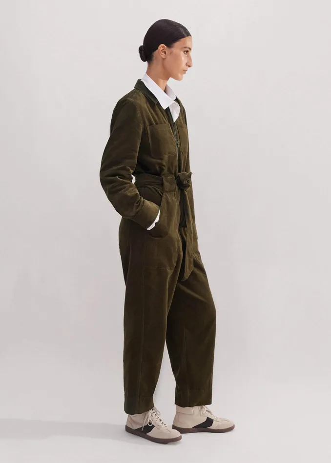 Women Soft Cord Jumpsuit Belt Deep Autumn Olive MEEM