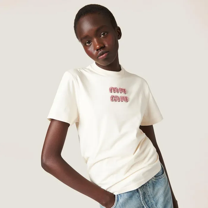 Women TShirts And Sweatshirts Miu Miu Jersey Tshirt Tan Pink Women TShirts And Sweatshirts Miu Miu Jersey Tshirt Tan Pink