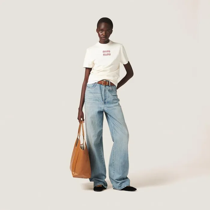 Women TShirts And Sweatshirts Miu Miu Jersey Tshirt Tan Pink Women TShirts And Sweatshirts Miu Miu Jersey Tshirt Tan Pink